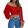 thumbnail image 3 of MIRACMODA Mujer Fuera del Hombro Fruncido Lazo Espalda Crop Top Verano Linterna Manga Boho Camisa Blusa, 3 of 5