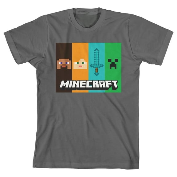 Minecraft Character Panels Boy's Charcoal T-shirt-Large