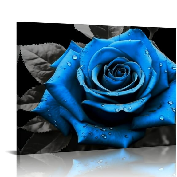 PRATYUS Flower Canvas Wall Art Rose Floral Painting Decor Blue and Grey Canvas Prints Gallery Wrap Ready to Hang 20x16in