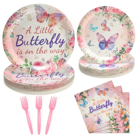 96 Pcs Party Plates, Pink Butterfly Paper Plates and Napkins Party Supplies for Birthday Baby Shower, Disposable Tableware Sets, Serve for 24 Guests, Butterfly