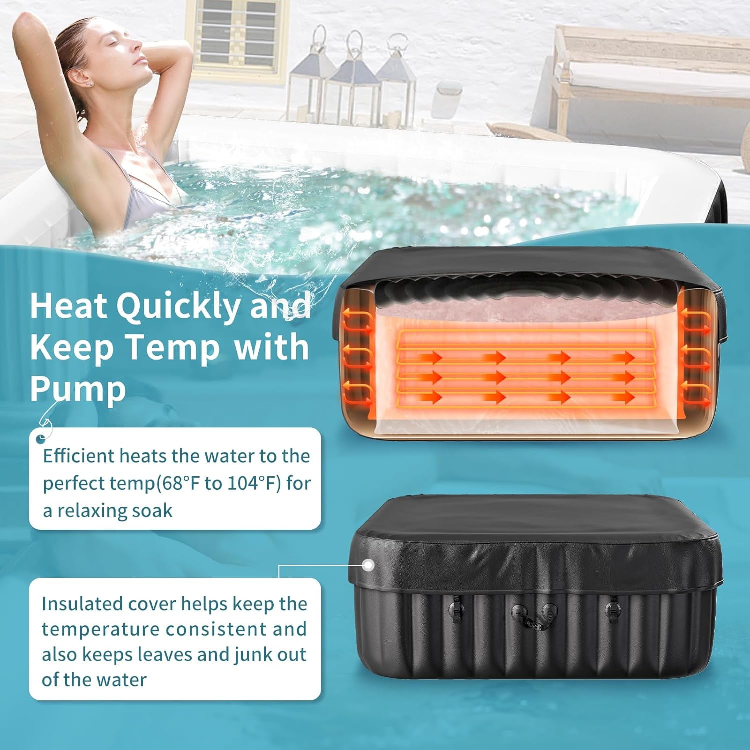 4-6 Person Inflatable Hot Tub, Large Square Portable Blow up Hot Tub, Leak-Proof PVC Outdoor Spa with 130 Air Jets, Insulated Cover and Heater Pump, 73” X 73”X 25”