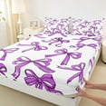 thumbnail image 3 of Manfei White Purple Ribbon Queen Sheet Sets for Kids, Kawaii Cartoon Bowknot Flat Sheet, Cute Princess Style Queen Fitted Sheet, Breathable Home Decor, 4 Pieces, 3 of 7