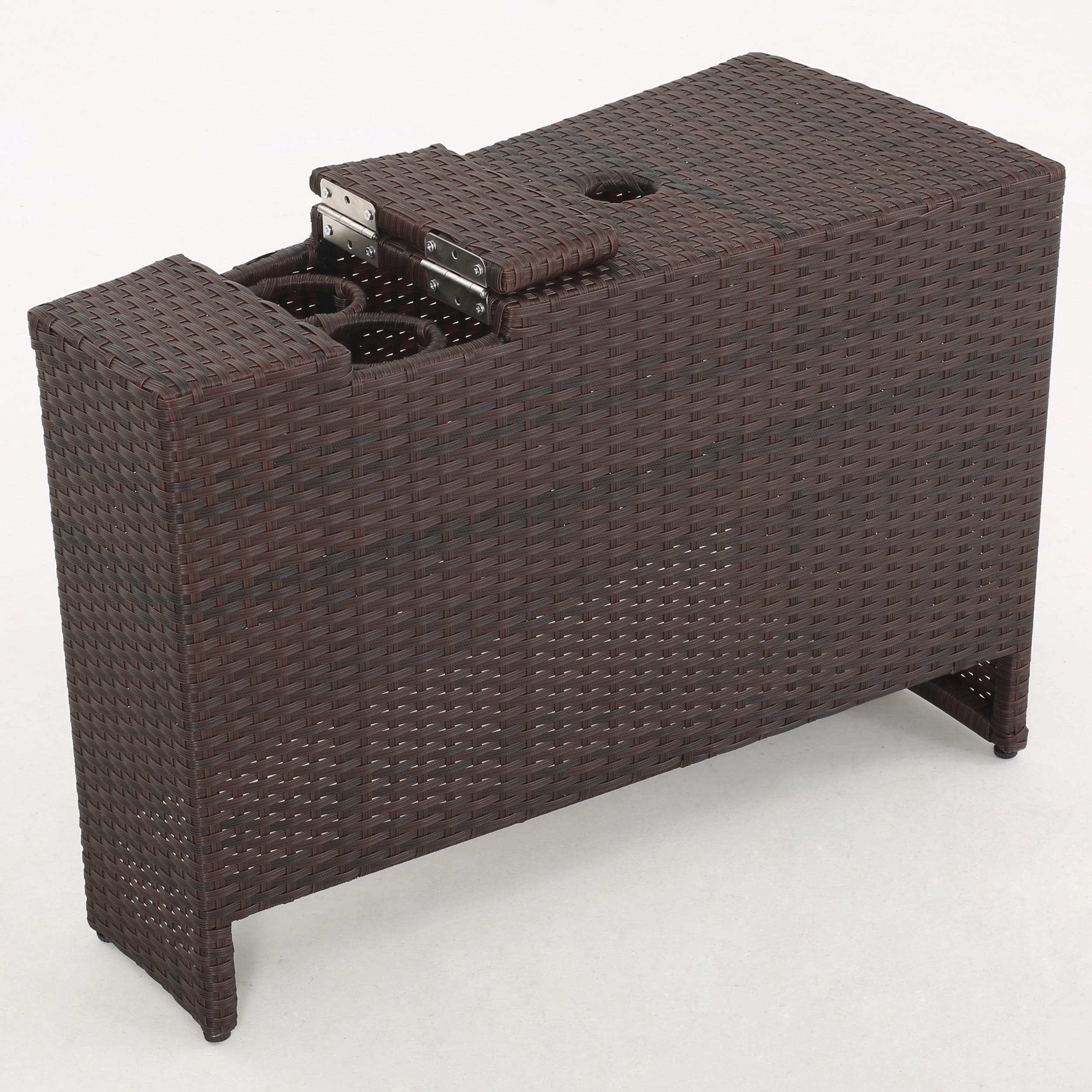 Sinclair 4 Piece Outdoor Wicker 1/2 Round Seating Set with Cushions and Ice Bucket Ottoman, Brown, Beige