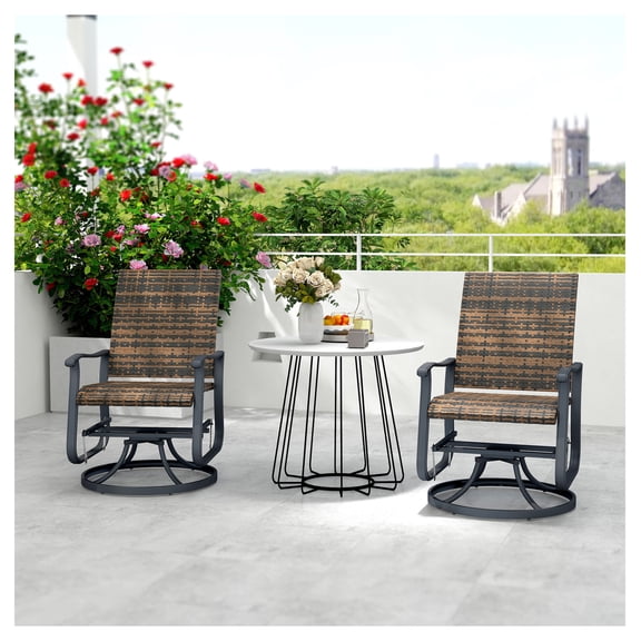 Wicker Patio Glider Chairs Set of 2, Outdoor Swivel Glider with Steel Frame, High Back, Brown