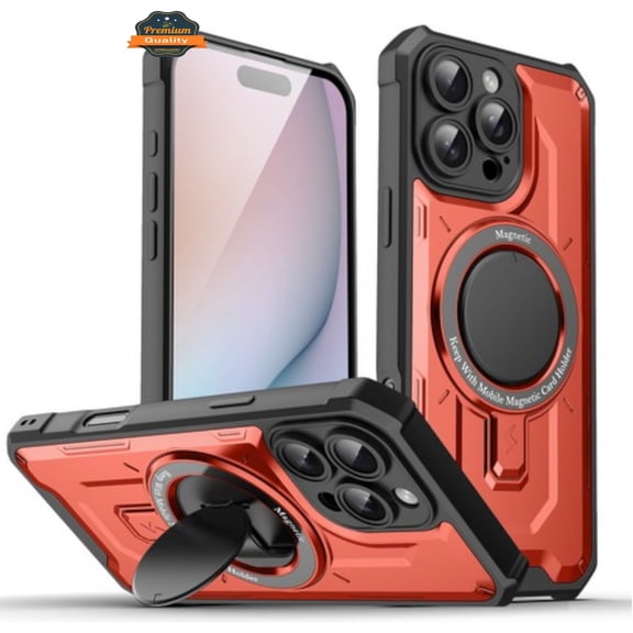 For Apple iPhone 16 (6.1") Hybrid Tuff Case with Folding Stand Magnetic Holder Compatible with MagSafe [Military Shockproof] Phone Case Cover by Xpression - Red