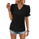 thumbnail image 1 of Camisetas de manga corta con cuello en V para mujer con ribete de encaje, color puro, camisetas de moda transpirables y suaves para el día a día, 1 of 6