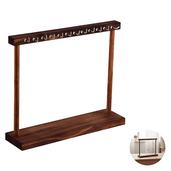 Walnut Wood Necklace Storage Rack – 12 Tangle‑Free Hooks, Jewelry Organizer Display Stand, Stable Square Base, 11.8" x 3.0" x 10.2", for Dresser, Vanity or Countertop