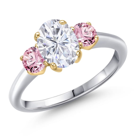 Gem Stone King 10K Two Tone Gold White Moissanite and Pink Lab Grown Diamond Engagement Ring for Women | 2.00 Cttw | Oval 8X6MM | Gemstone Birthstone | Size 9