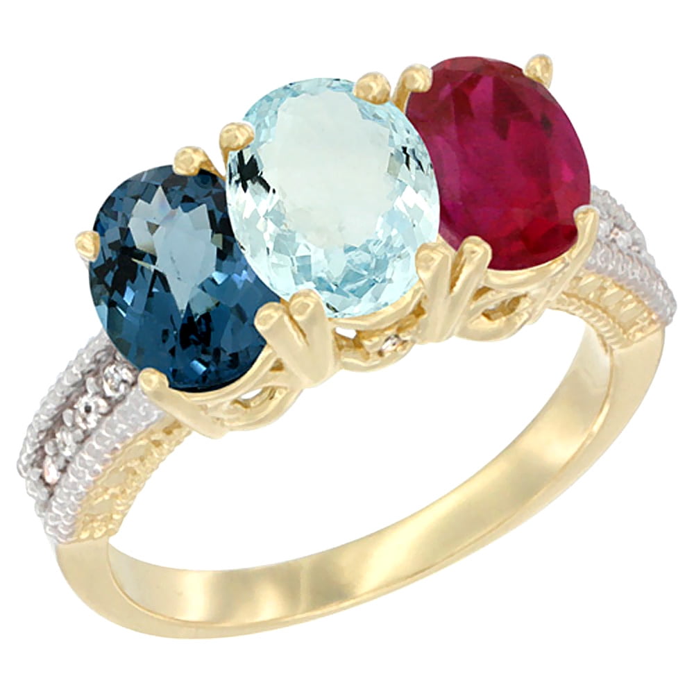 10K Yellow Gold Diamond Natural London Blue Topaz, Aquamarine & Ruby Ring 3-Stone Oval 7x5 mm, sizes 5 10 by WorldJewels
