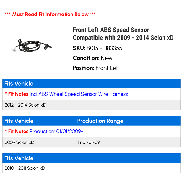 Front Left ABS Speed Sensor - Compatible with 2009 - 2014