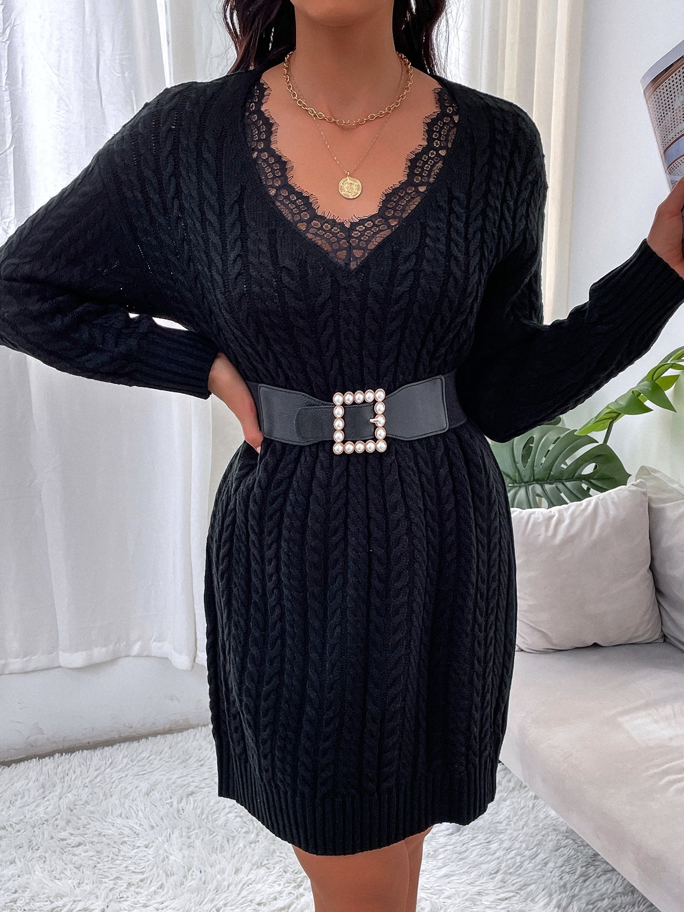 Black Cable Knit Drop Shoulder Eyelash 