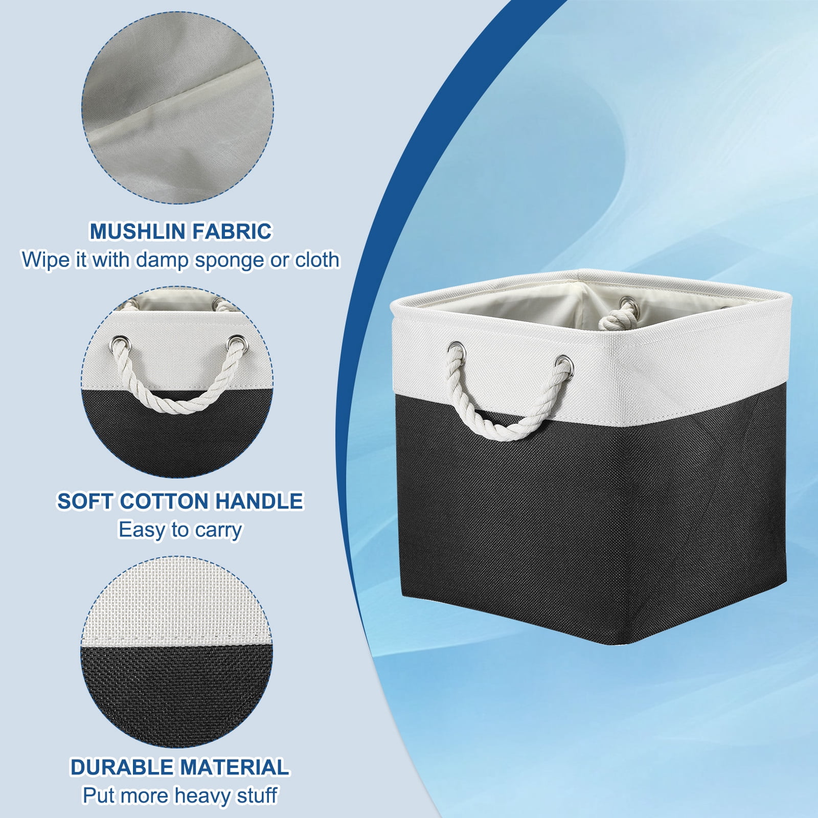 Unique Bargains Storage Baskets Fabric Collapsible Cube Basket w Handles White, Black