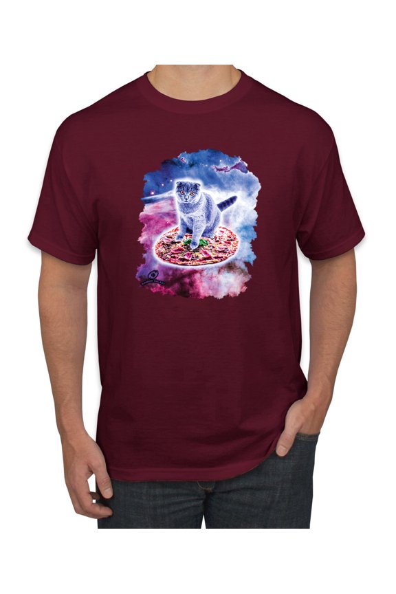 , Cute Trippy Space Cat Riding Pizza, Animal Lover, Men Graphic Tees, Maroon, 3XL