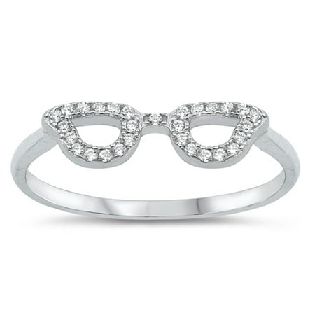 White CZ Eye Glasses Mask Disguise Ring New .925 Sterling Silver Band Size 8