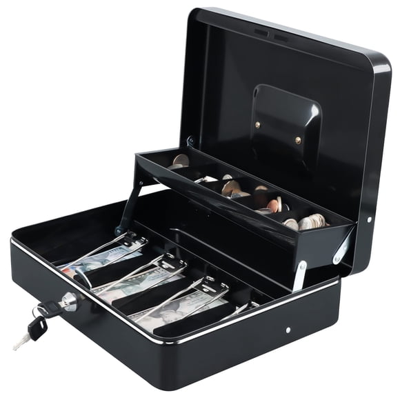 Caja de efectivo xilada con bandeja para dinero y cerradura con llave, color negro