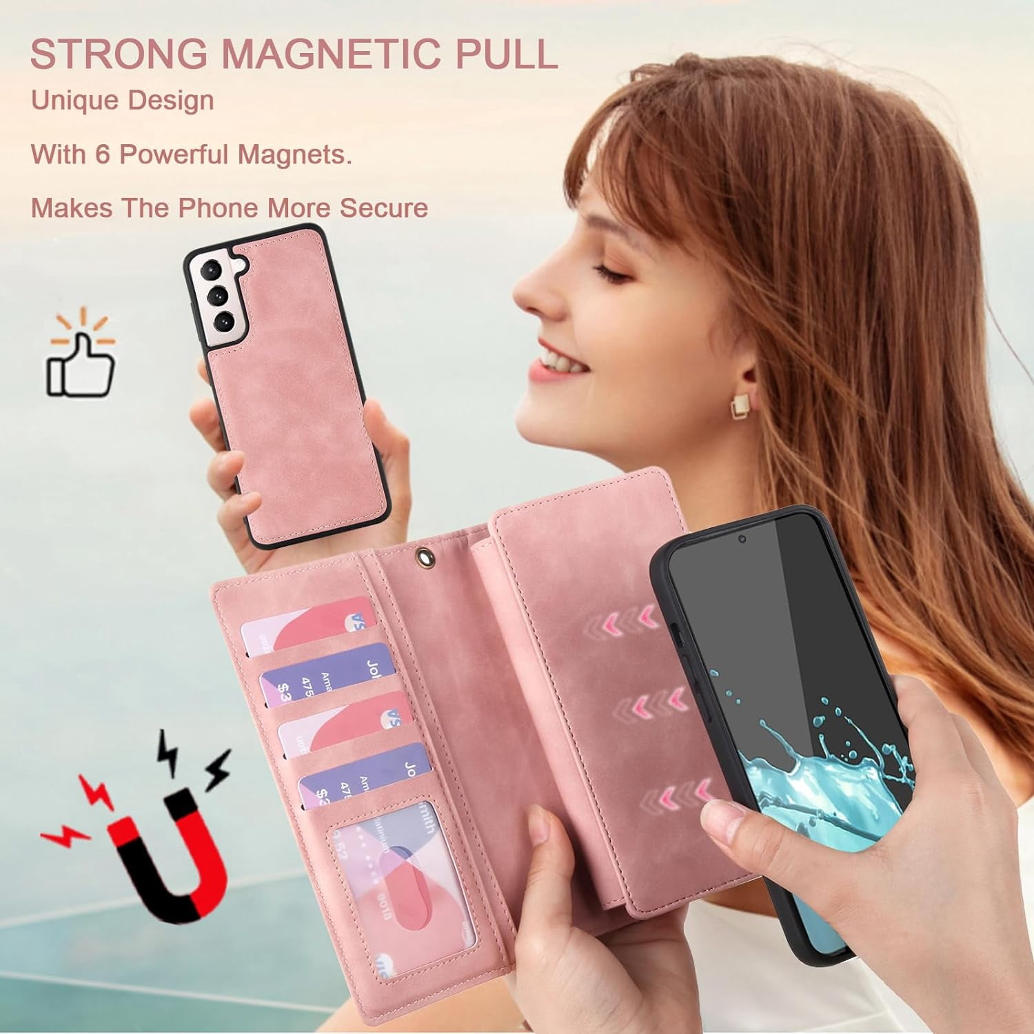 for Samsung Galaxy S21 5G Wallet Case, Detachable PU Leather Magnetic flip Phone Case Wallet with Card Holder Wrist Strap Zipper Wallet for Women/Men, S21 5G Phone Case 6.2inch(Pink)