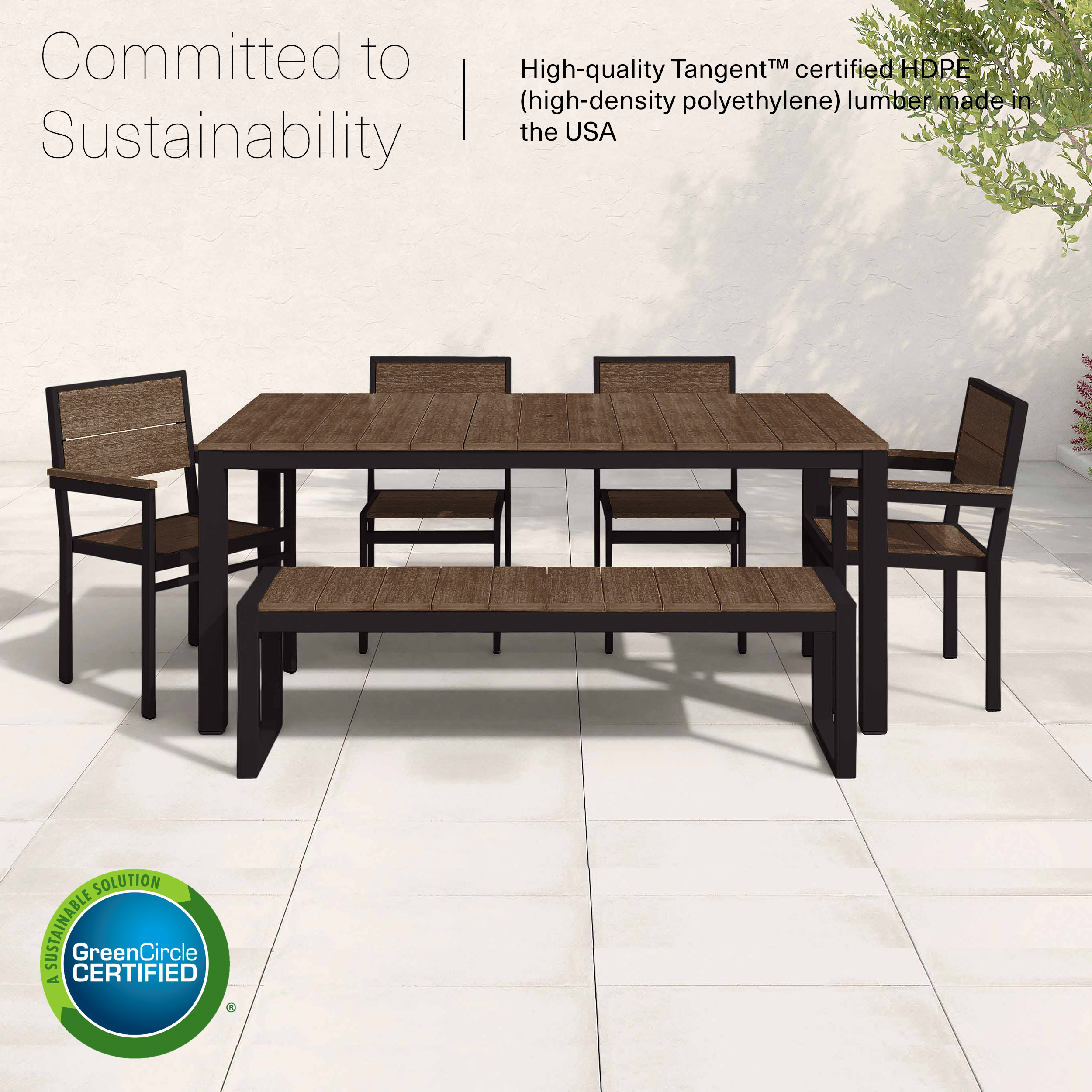 DuroGreen Park City 72" Rectangular 6-Pc Outdoor Dining Set, 1 Table/1 Bench/4 Chairs Made with All-Weather Tangent Sustainable Lumber, High End Patio Furniture, Black with Brazilian Walnut