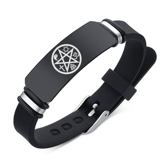 Black Witchcraft Pentagram Tetragrammaton Silicone Strap Bracelet Sacred Pentacle Rubber Wristband for Men Women Cross Om Mogan Star Yin Yang Triquetra Talisman Jewelry, Adjustable