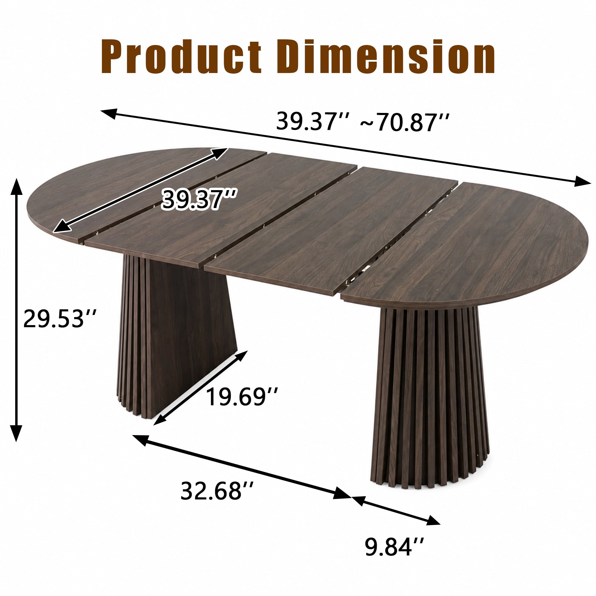 Dining Table 70.87 Inch, Extendable Kitchen Table with Oval Top and Slatted Wood Legs, Space-Saving MDF Table for Living Room and Dining Room, Walnut