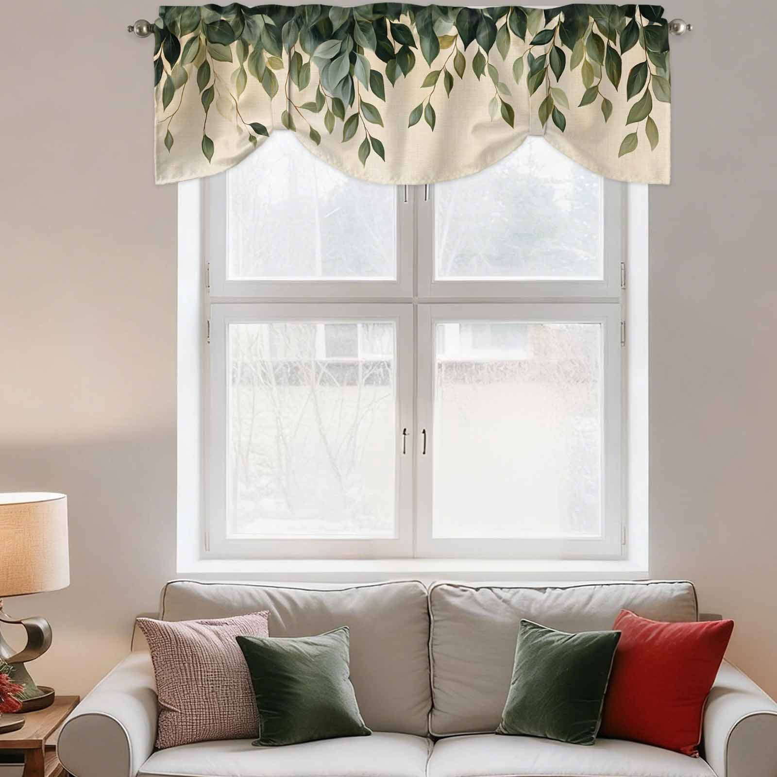 Leaf Tie Up Valance for Windows, Vintage Spring Dark Green Leaves Branch Plant Linen Texture Adjustable Rod Pocket Tie Up Valance Curtains Window Treatment for Kitchen Bathroom Bedroom 54 X 18 Inch