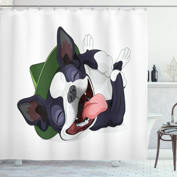 Boston Terrier Shower Curtain, Cheerful Happy Terrier Breed with Green Hat Rolling Around and Laughing, Fabric Bathroom Set with Hooks, 69W X 84L Inches Extra Long, Multicolor, by Ambesonne