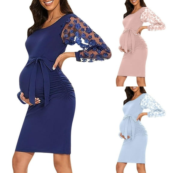Jacenvly New Dresses Maternity Friendly Long Sleeve Solid Summer Dresses for Women 2025 Maternity Friendly Fashion Round Neck Mid-Length Summer Dresses for Maternity Waistband Pink Xxl