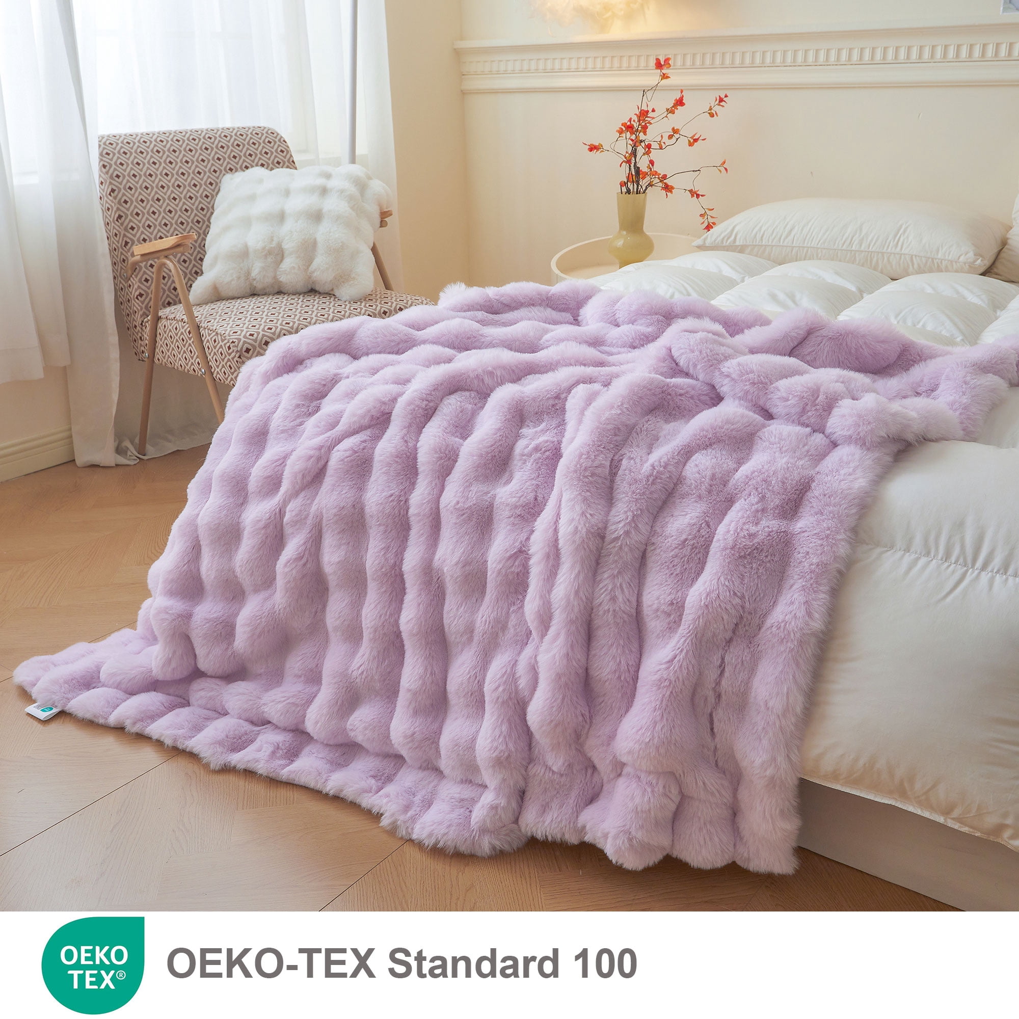 LIFEREVO Fluffy Faux Rabbit Fur Bubble Blanket, Plush Shaggy Throw for Couch Sofa, Cozy Furry Light Purple Bed Blanket Adult Girls, Aesthetic Fuzzy Throw for Bedroom Living Room, 60x90, Lavender