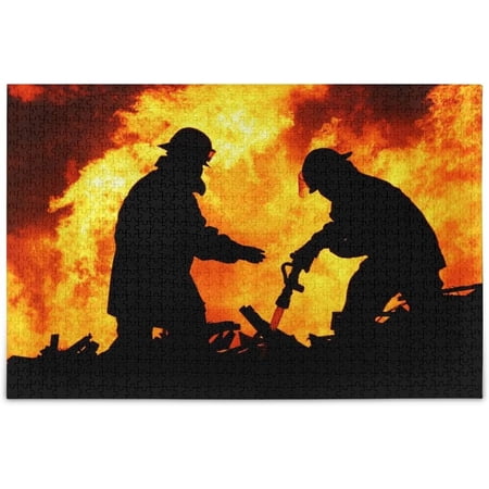 FREEAMG Firefighter Fireman Silhouette Fighting in Fire Flame of Burning Timber Jigsaw Puzzles 500 Pieces Puzzle for Adults Kids DIY Gift