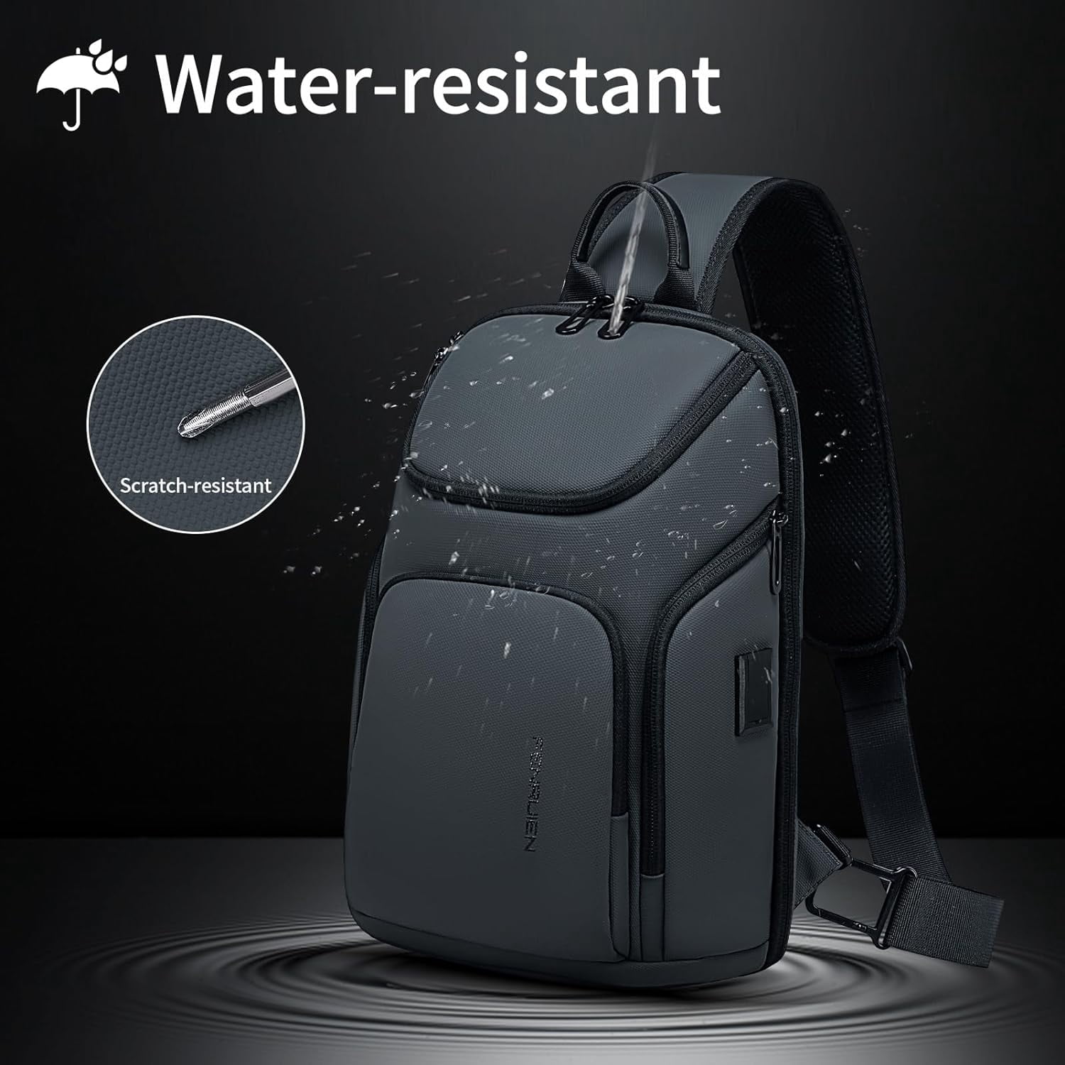 FENRUIEN Sling Bag Crossbody Backpack with USB Charging Port,Grey