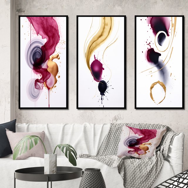Designart "Fluidity Exquisite Magenta Ink Clouds V" Abstract Painting Framed Wall Art Set Of 3 - Gold Modern Frame Gallery Wall Set For Home Decor