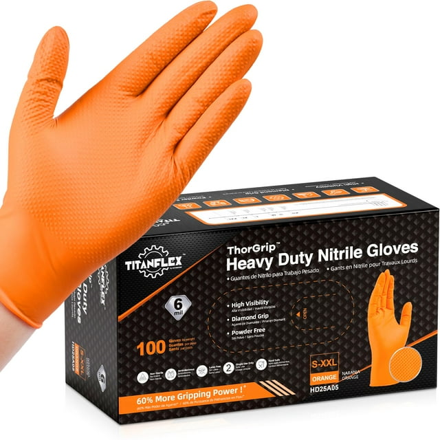 Guantes desechables TitanFlex Heavy Duty de nitrilo naranja, 6 ml