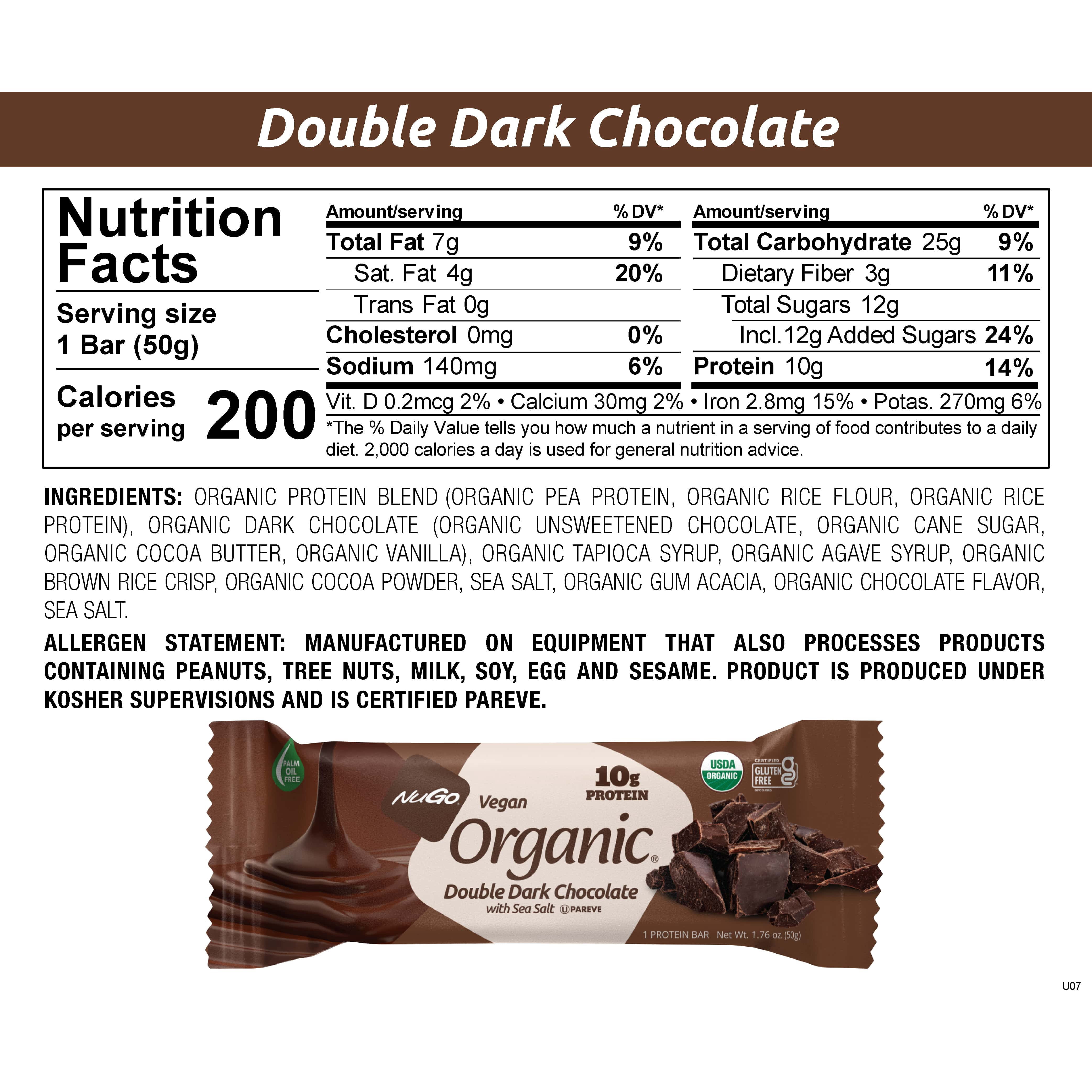 Nugo Organic Double Dark Chocolate, 10g Vegan Protein, Gluten Free, 24 count