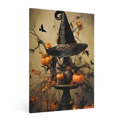 Vintage Halloween Witch hat Canvas Wall Art Painting, Gothic Print Pictures for Home Wall Decor Retro Horror Creepy Dark Posters for Living Room Bedroom Bar Home Halloween Party Decor Framed