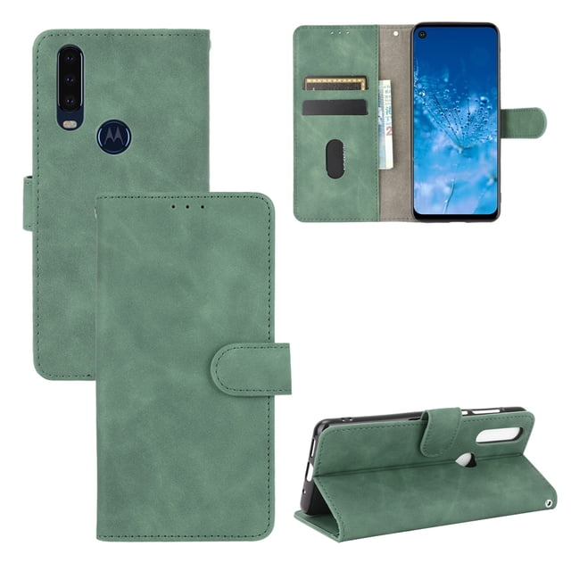 For Motorola Moto One Action PU Leather Flip Case Card Slots Holder Kickstand Book Folding Folio Cover-Green