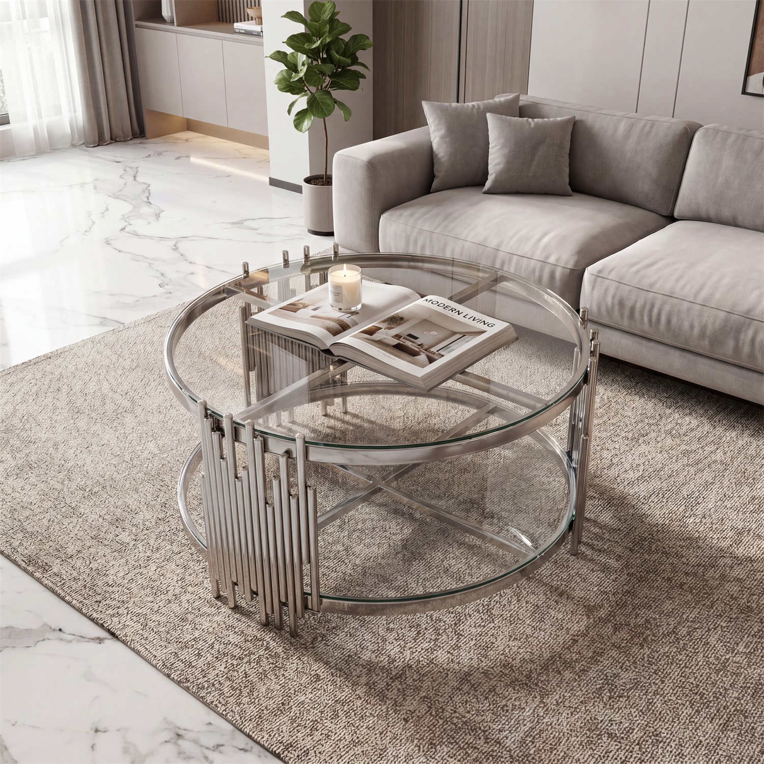 Hommoo Modern Round Coffee Table with Double-Tempered Glass & 201 Stainless Steel Frame, Living Room Table, Easy Assembly, Sliver