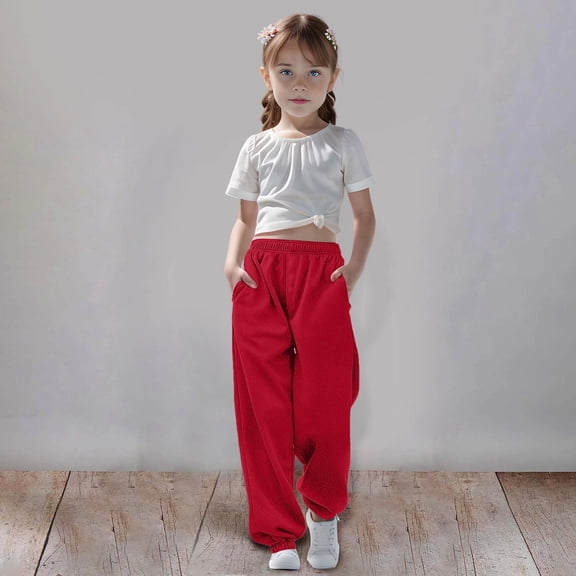 Girls Boys Jogger Sweatpants Red Sweat Pants Kids Drawstring Jogger Sweatpants With Pockets Girls Solid Pants Kids Pants Boys 13-14 Years