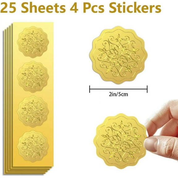 Gold Foil Sticker Seal Embossed Patterns 2 Inch 100Pcs Self Adhesive Golden Around Embossing Decals for Invitation Certificate Envelope Seal Gift Card Decoration
