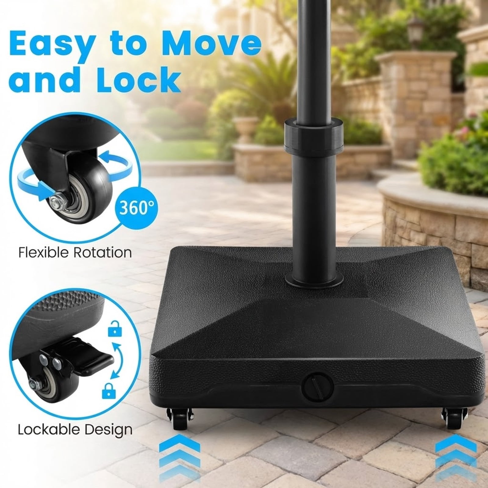 Biotree Fillable Umbrella Base Stand with Lockable Universal Wheels - Heavy Duty Outdoor Patio Stand