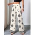 thumbnail image 6 of Women Lazy Style Printed Wide Leg Pants Elastic High Waist Side Pockets Loose Fit Casual Trousers Cream White S, 6 of 9
