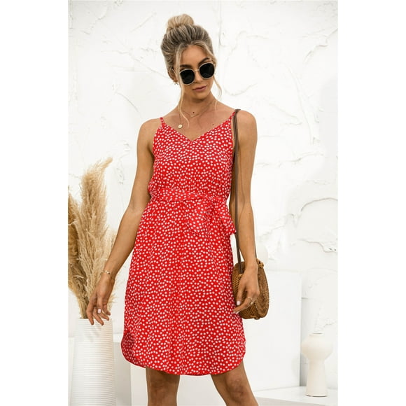 Women's Summer Point Printed V Neck Sling Dress Sleeveless Backless Irregular Lace Up Holiday Party Dresses