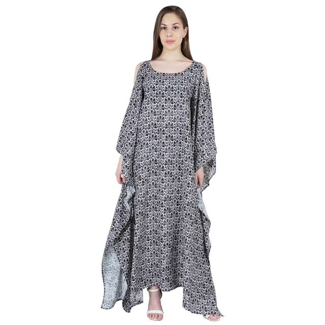 Moomaya Caftan à Encolure Bateau en Rayonne, par-Dessus Imprimé, Kaftan à Épaules Dénudées, Robe Maxi