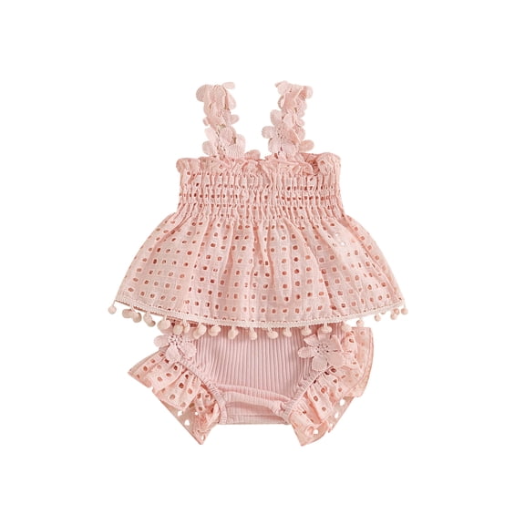 BemeyourBBs Newborn Baby Girl Summer Clothes Infant Baby Girls Summer 2 Pieces Outfit 0 3 6 12 18 Months Eyelet Hollow Smocked Pleated Tank Babydoll Shirt Tops and Ruffle Shorts Set