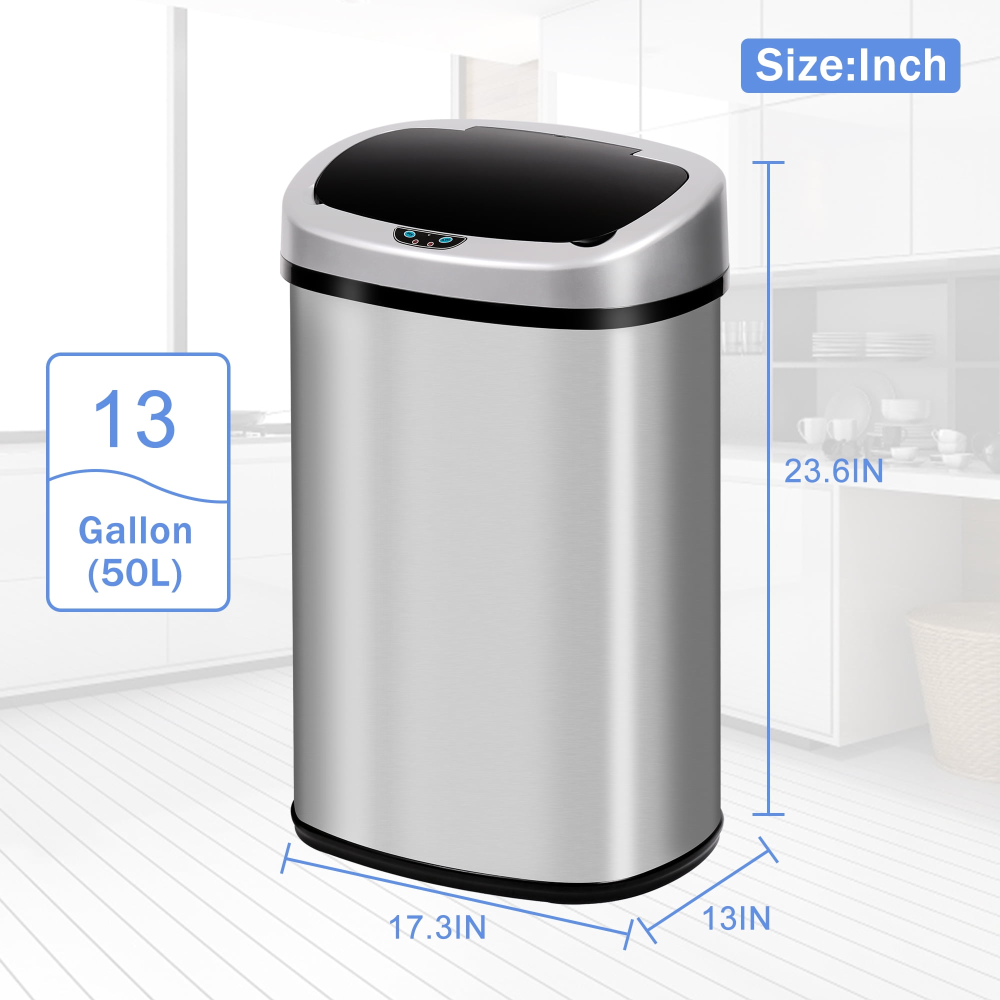 13 Gallon Sensor Kitchen Trash Can, Stainless Steel, Step Pedal, 48 Li —  Home Zone Living