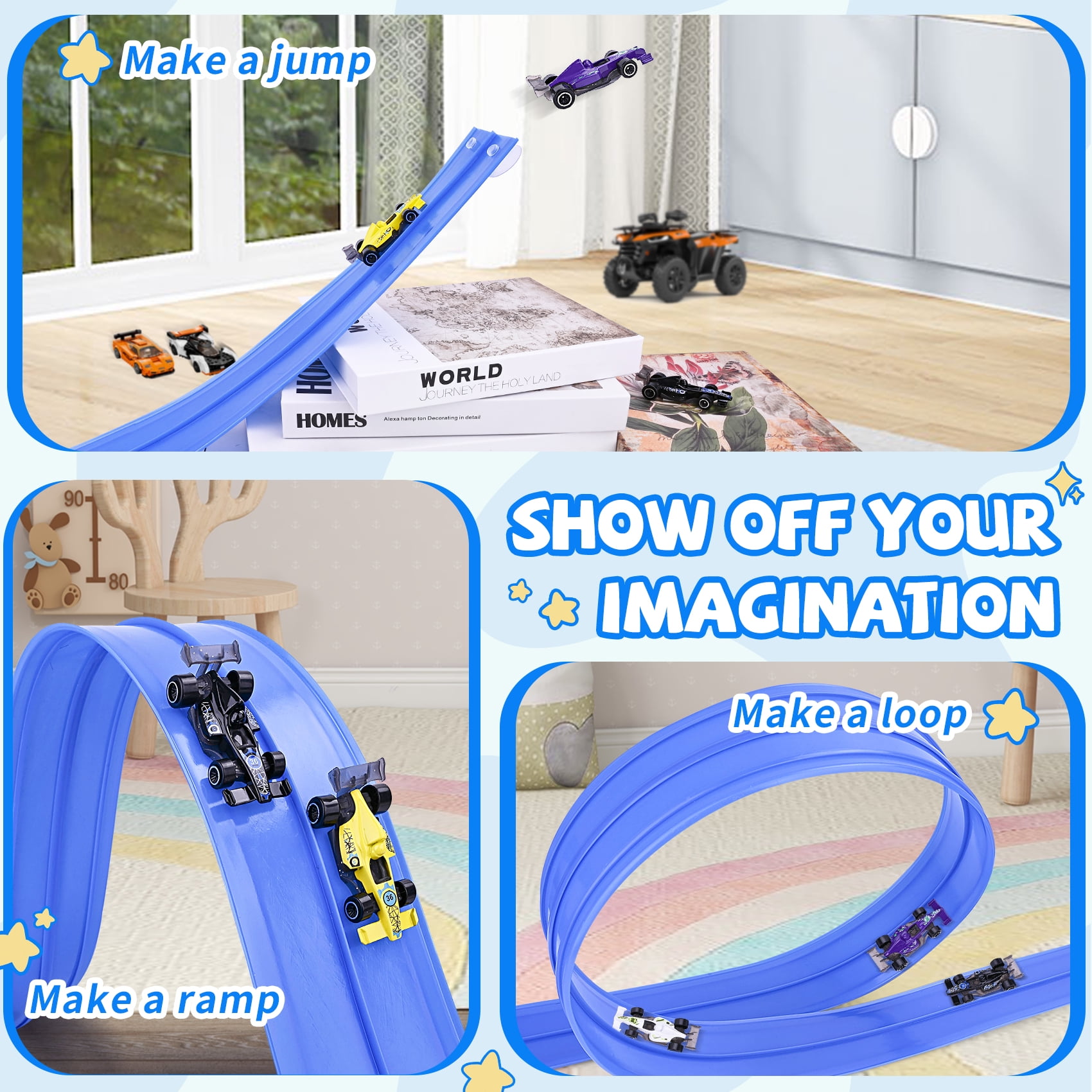 Flex Track 15 Ft Starter Set, Flexible Race Car Ramp Track for Ages 3 & Up with Suction Cups Compatible with Hot Wheels and Diecast 1/64th Cars