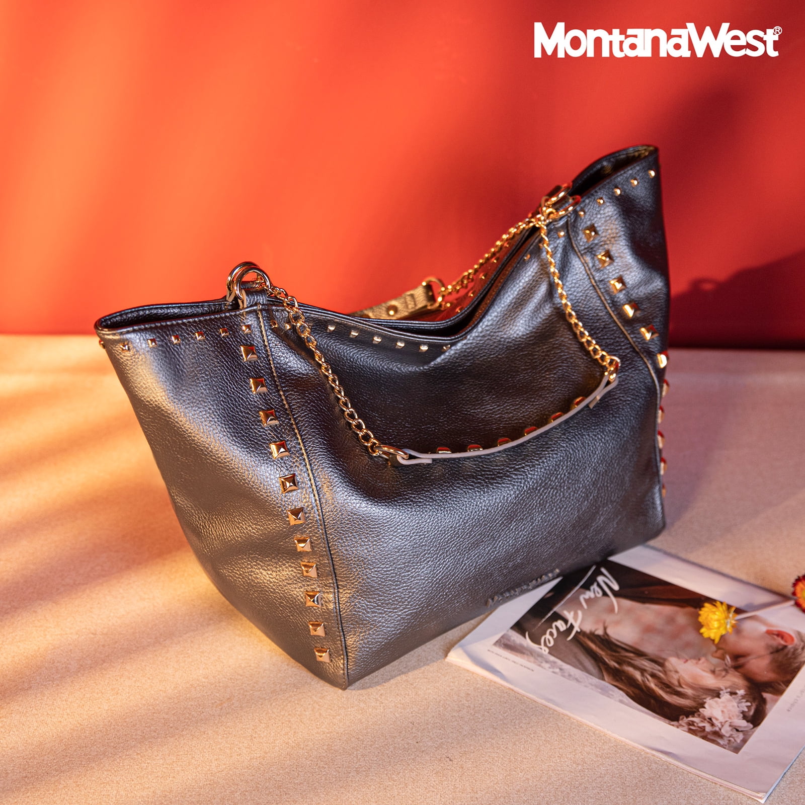 Montana West Large Tote Bag for Women Oversized Shoulder Purses with Chain Handbags, Pewter