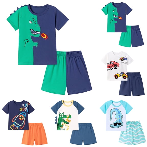 WUANDIXFA Toddler Boy Summer Short Clothes Sets Cotton Crewneck Tees Shorts Pocket Adjustable Knite Shorts Playwear Sets (Dark Blue, 6-7 Years)