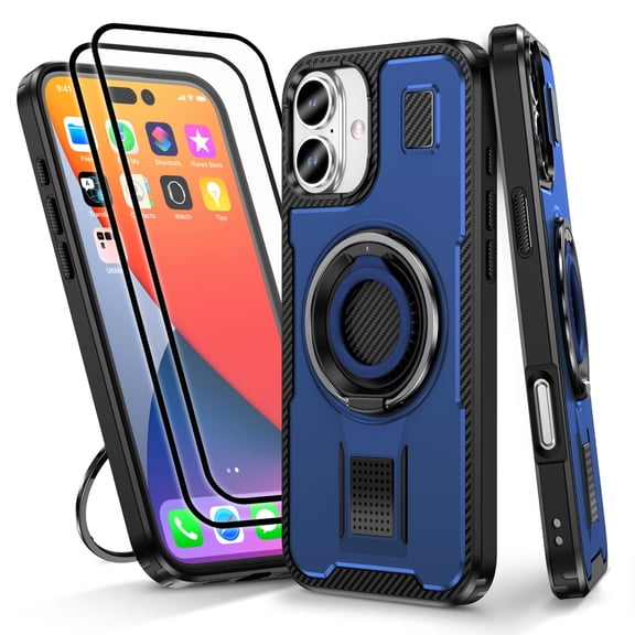 Hotpom for iPhone 16 Plus Case with 2 Pack Screen Protector, Heavy Duty Shockproof, Anti-Fingerprint Rugged Women Men universal Protective Cover with 360°Rotatable Ring Stand, Blue