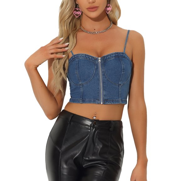 INSPIRE CHIC Women's Top Denim Zip Up Sleeveless Spaghetti Strap Bustier Crop Tops XS Blue