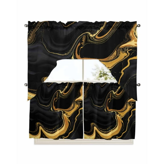 Marble Black Kitchen Curtains Swag Valance and Tier Curtains Set 24 Inch Length, Vintage Gold Art Abstract Farmhouse Rod Pocket Drape Panels Pair Swag Curtains for Bathroom/Cafe/Window