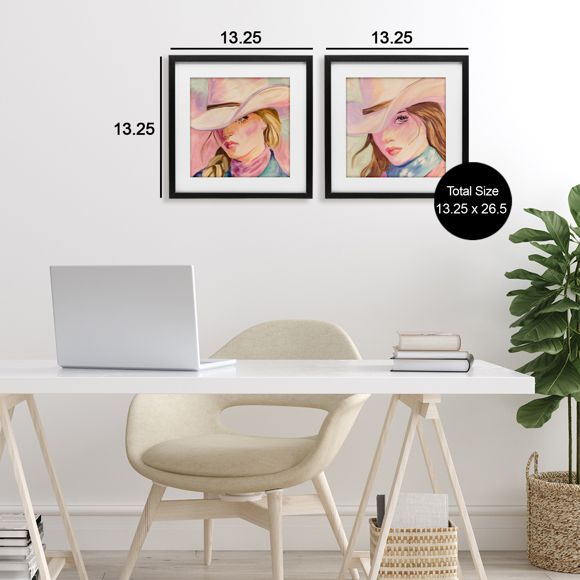 Pastel Cowgirls Gazing 2 Piece Black Framed Print Under Glass Set, design by Kim Allen